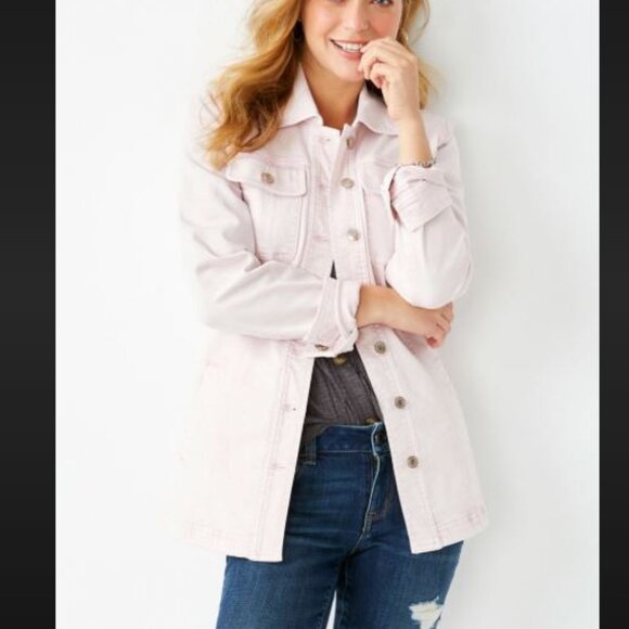 Maurices Pink Denim Belted Trench Cotton Blend Jean Jacket with Pockets NEW - Picture 2 of 14